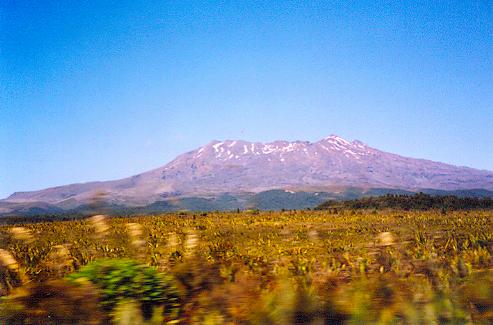 Vulkan Mt. Ruapehu (2.797 m) aus dem fahrenden Bus heraus